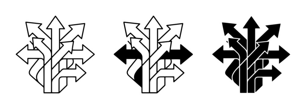 Multiple Direction Arrows Icon Set, Outline and Silhouette, for Decision Making Concepts