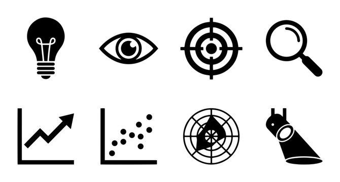 8 Business and Research Silhouette Icons: Idea, Vision, Target, Search, Growth, Data, Radar, Spotlight