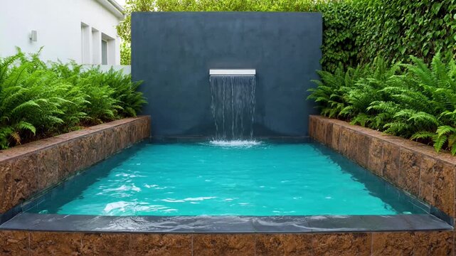 Modern garden water feature with cascading waterfall and turquoise plunge pool swimming pool