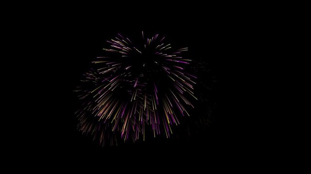 2D Fireworks animation for festive nighttime celebrations, glowing sparkle burst, transparent alpha channel, circle blast, fireworks explosion, bright light particles display on black screen loop 4k