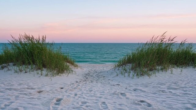 Serene beach path through sand dunes at sunset overlooking calm ocean horizon