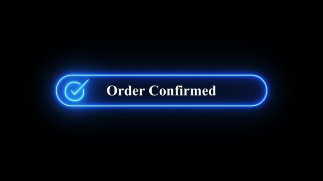 Digital Order Completed Confirmation with Glowing Blue Neon Checkmark Icon on Abstract Black Background for Online Transaction Success and Process Achievement, A bright  neon glowing button  