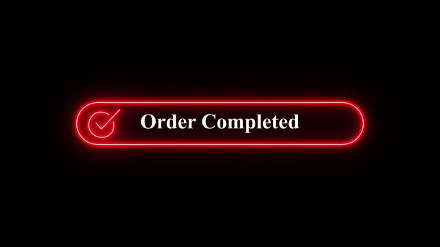 Digital Order Completed Confirmation with Glowing Blue Neon Checkmark Icon on Abstract Black Background for Online Transaction Success and Process Achievement, A bright  neon glowing button  