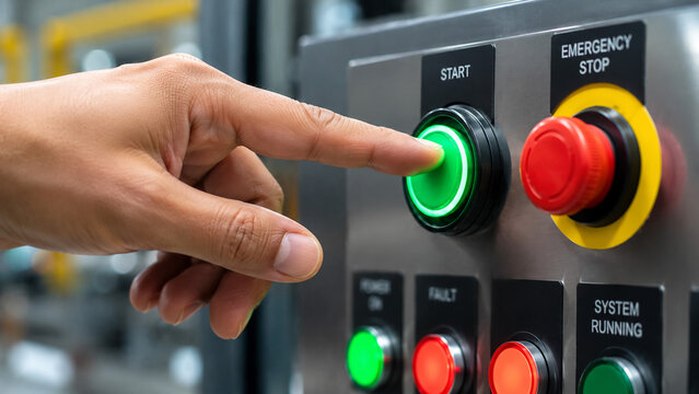 Close‑up of a hand pressing a large green START button on an industrial control panel, beside red EMERGENCY STOP with yellow ring, symbolizing safety, operational control, and precision technology.