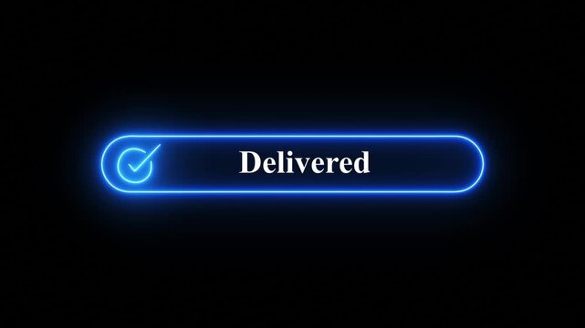 glowing neon cyan delivered checkmark sign on black backgroundA high-quality motion graphic featuring a glowing neon cyan pill-shaped button with a checkmark and the word 'Delivered' centered, set aga