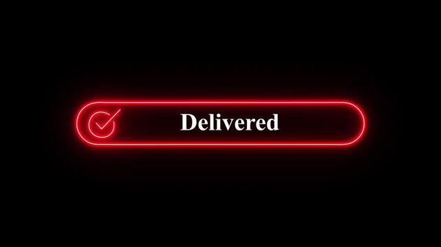 glowing neon cyan delivered checkmark sign on black backgroundA high-quality motion graphic featuring a glowing neon cyan pill-shaped button with a checkmark and the word 'Delivered' centered, set aga