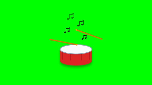 Playing drum with sticks and flying music notes green screen 4k animation
