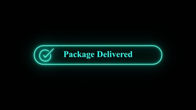 Neon Red Package Delivered Notification Graphic with Checkmark Icon on Black Background for E-commerce Delivery App Interface,A vibrant glowing red neon button showing a package delivered notification