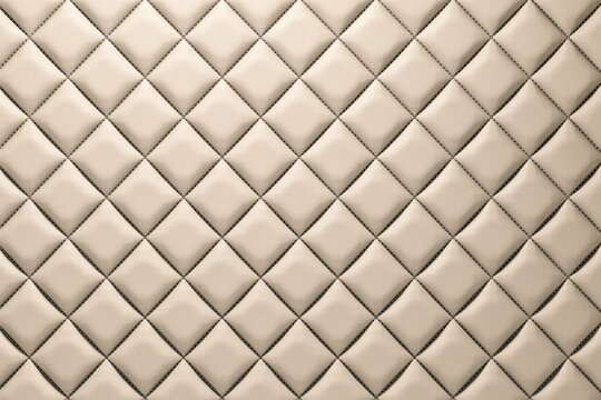A seamless background, texture of beige, leather upholstery featuring, a classic diamond, quilted pattern with, dark stitching in, a grid arrangement