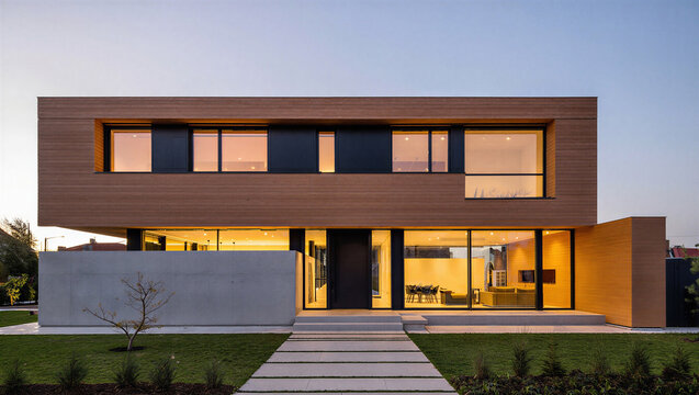 Contemporary wooden house exterior with large glass and minimalist front walkway, real estate