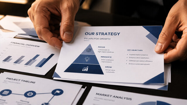 Close‑up of hands holding a printed sheet titled OUR STRATEGY &ndash; Building Growth with a blue triangular diagram and bullet points surrounded by documents like PROJECT TIMELINE and MARKET ANALYSIS 