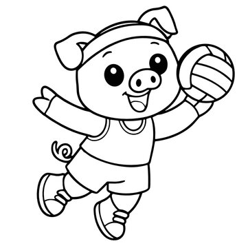 Cute cartoon pig athlete jumping to hit a volleyball, drawn in black and white outline style for children's coloring book pages and activity sheets.