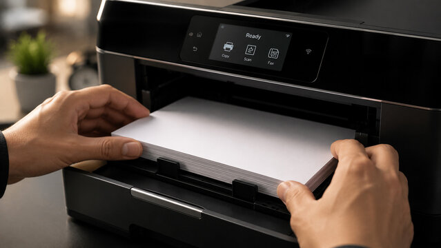 Close‑up of a hand loading white paper into a printer tray with a digital display panel showing functions like copy scan and print symbolizing office readiness and document preparation in a profession