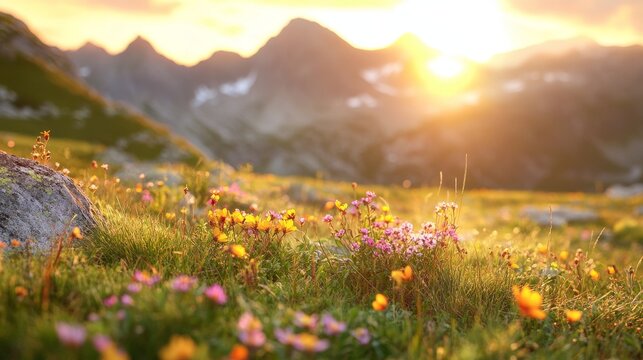 Peaceful alpine meadow filled with colorful wildflowers at sunrise with sunlit mountains in the