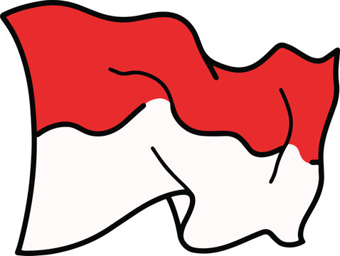 Hand drawn dynamic ruffled Indonesian flag vector illustration. Cute waving bendera merah putih doodle with dramatic folds isolated on white background for August 17.