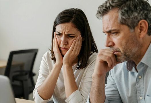 Stressed woman with hands on face and man looking at laptop, business problem and financial crisis