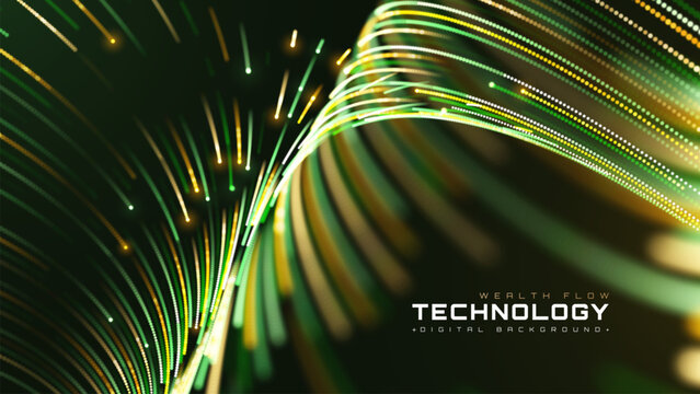 Dynamic Bright Green And Gold Glow Dot Particle Wave Motion Digital Graphic Design Shows Luxury Wealth Flow Profit Delivering Fast Technology Smart Cyber Network Internet System.