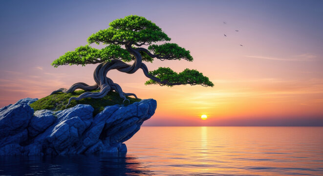 Small bonsai tree on a rock cliff by the ocean at a golden sunset