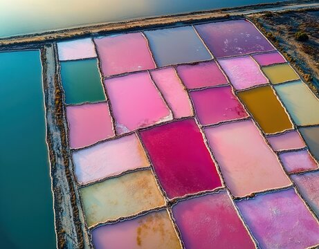 aerial view of vibrant geometric salt ponds and turquoise lagoon, a mesmerizing mosaic of pink, red, yellow and green pools separated by earthen berms