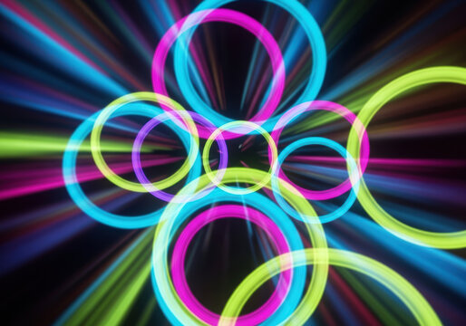 Abstract neon circles with colorful light streaks on a dark background