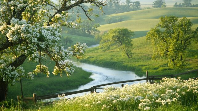 Peaceful countryside river valley during spring with fresh blooming trees and wildflowers
