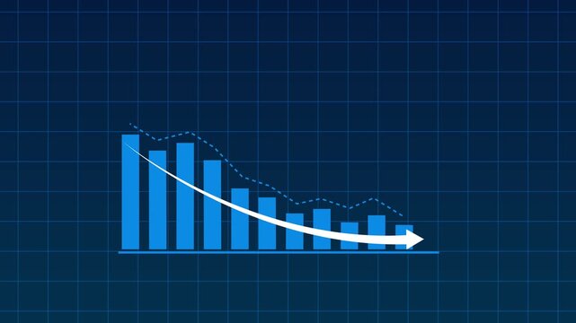 Glowing blue business bar chart with downward arrow and declining line curve. Symbolizing revenue drop, financial loss, negative growth, market downturn 4K