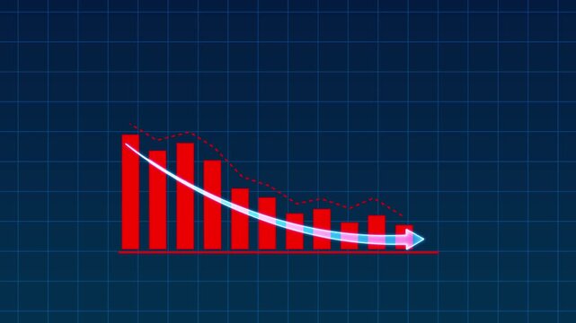 Glowing blue business bar chart with downward arrow and declining line curve. Symbolizing revenue drop, financial loss, negative growth, market downturn 4K