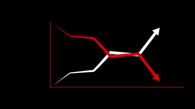 Business chart illustrating improving quality and cost reduction with blue upward and red downward arrows. Visualize performance optimization for business strategy, management and resource efficiency