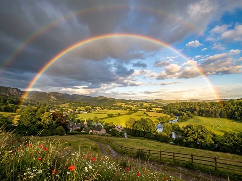 Double rainbow over a scenic green countryside landscape