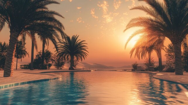 Peaceful desert oasis with an infinity pool at sunset during summer with tall palm trees and ocean view
