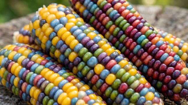Fresh colorful glass gem corn cobs on wooden surface