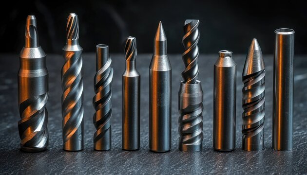 Row of polished metal cutting tools and drill bits with varying spiral flutes and pointed tips on a dark textured surface conveying precision and professional craftsmanship