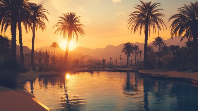 Peaceful desert oasis with tall palm trees reflected in water at sunset during summer