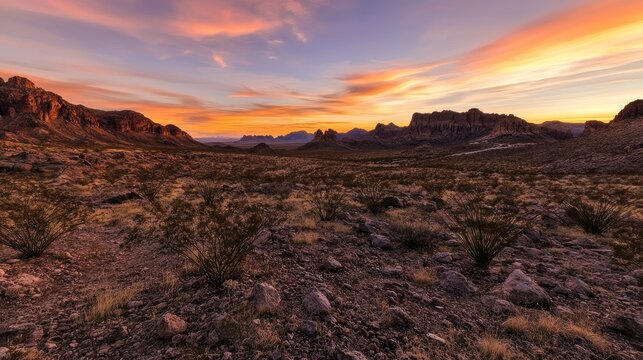 Peaceful desert valley at twilight with warm sunset colors illuminating the sky and rugged mountains