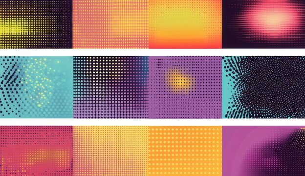 grid of twelve colorful halftone dot panels with radial gradients and textured speckle patterns, vibrant energetic playful mood