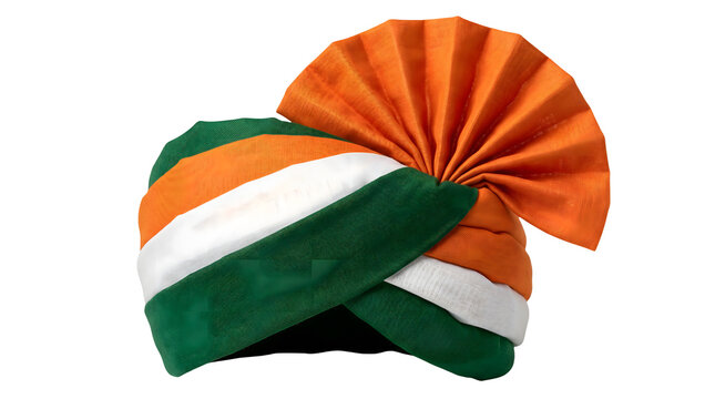 Traditional Indian tricolor safa turban with orange, white, and green fabric isolated on white