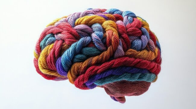 colorful braided yarn shaped like a human brain on white background evoking playful creativity and tactile warmth