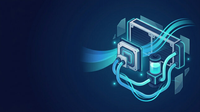Isometric Illustration of PC Water Cooling System with Glowing Liquid Pipes and Radiator on Dark Background