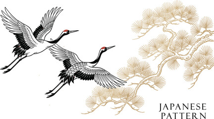 Fototapeta premium Traditional Japanese Style Vector Illustration with Flying Red Crowned Cranes and Golden Pine Tree Pattern Isolated on White Background