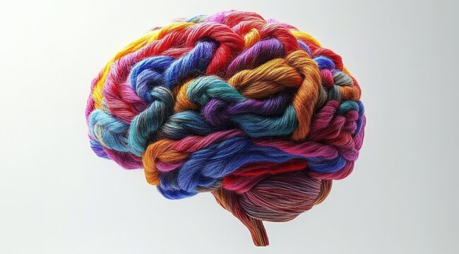 colorful braided yarn shaped like a human brain on white background evoking creativity and playfulness