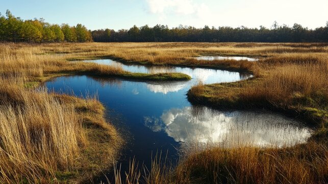 Peaceful marshland with winding water channels reflecting the sky and clouds under a clear blue sky