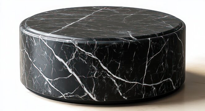 Sleek round black marble low coffee table with white veining on light wood floor, modern elegant minimalist vibe