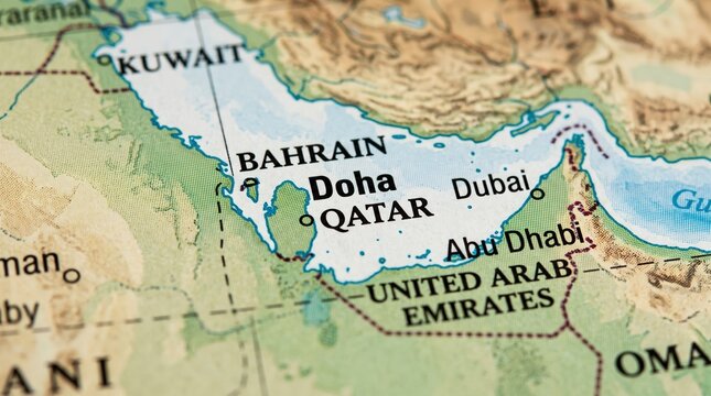 Detailed Middle East map highlighting Qatar in focus. Gulf region geography with Bahrain and United Arab Emirates borders.