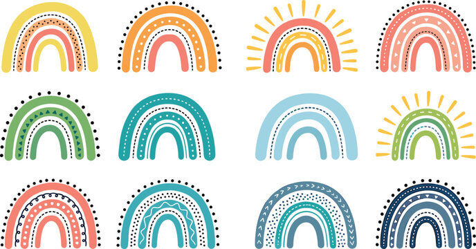 Charming Hand Drawn Boho Rainbow Vector Set with Pastel Colors, Abstract Dots, Waves, and Sunburst Elements for Cute Nursery Decor and Seamless Pattern Designs