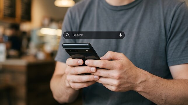 Mobile technology and voice search man using smartphone with voice assistant interface in cafe