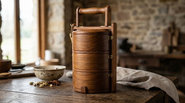 Traditional wooden tiered tiffin carrier on rustic kitchen table