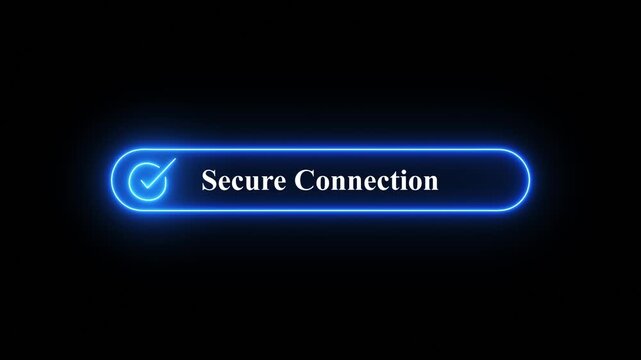 Neon glowing secure connection button with checkmark symbol isolated on black background for digital web security concepts,A vibrant glowing neon interface element displaying a secure connection confi