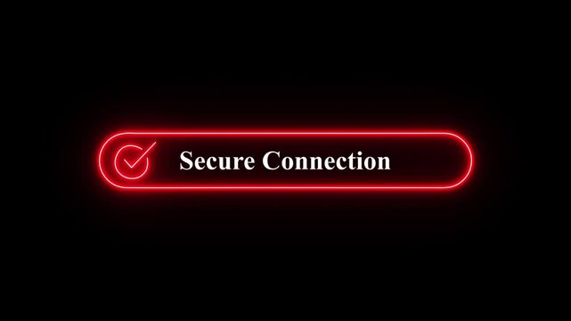 Neon glowing secure connection button with checkmark symbol isolated on black background for digital web security concepts,A vibrant glowing neon interface element displaying a secure connection confi