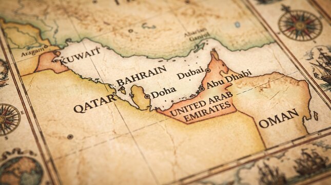 Vintage map of the Middle East focusing on Qatar. Old cartography showing Persian Gulf states.