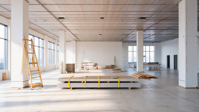 Unfinished modern office space interior under construction with construction renovation interior